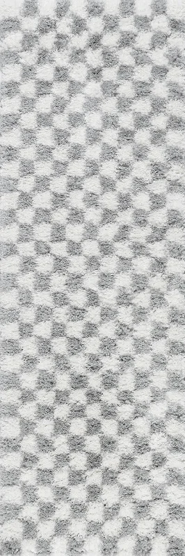 Bettie Retro Checkered Shag Rug | Light Grey