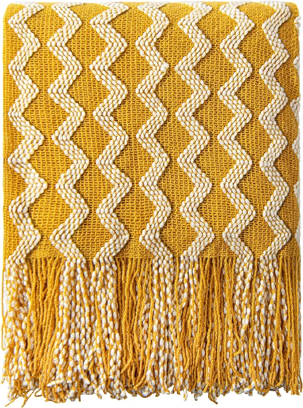 Acrylic Knitted Throw Blanket, Lightweight and Soft Cozy Decorative Woven Blanket with Tassels for Travel, Couch, Bed, Sofa, 51x67 Inches, Mustard Yellow Wave