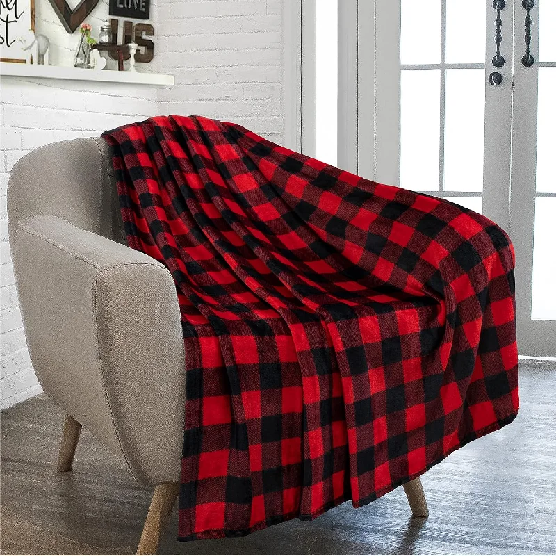 Buffalo Plaid Throw Blanket For Sofa Couch | Soft Flannel Fleece Red Black Checker Plaid Pattern Decorative Throw | Warm Cozy Lightweight Microfiber | 50 X 60 Inches