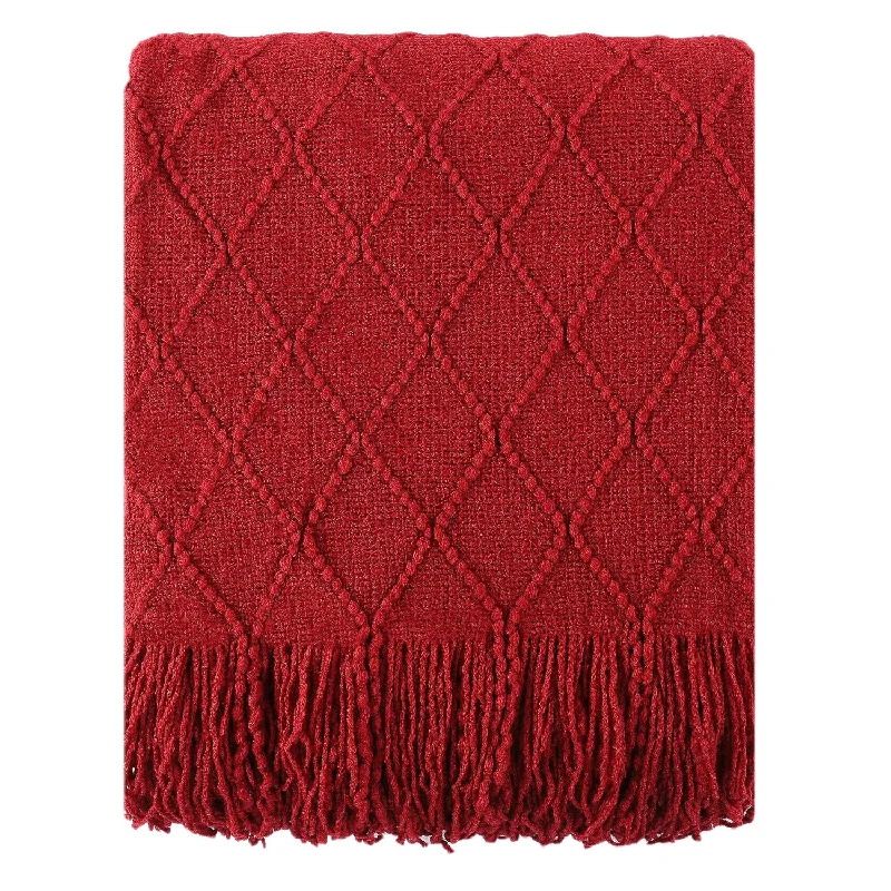 Christmas Decor Red Throw Blanket With Fringe Geometric Bed Burgundy Throws Winter Decorative Large Throw For Couch Sofa Indoor Outdoor (Red, 50"X60")