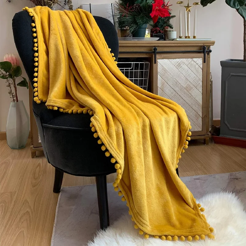 Flannel Blanket With Pompom Fringe Lightweight Cozy Bed Blanket Soft Throw Blanket Fit Couch Sofa Suitable For All Season (51X63) (Mustard Yellow)