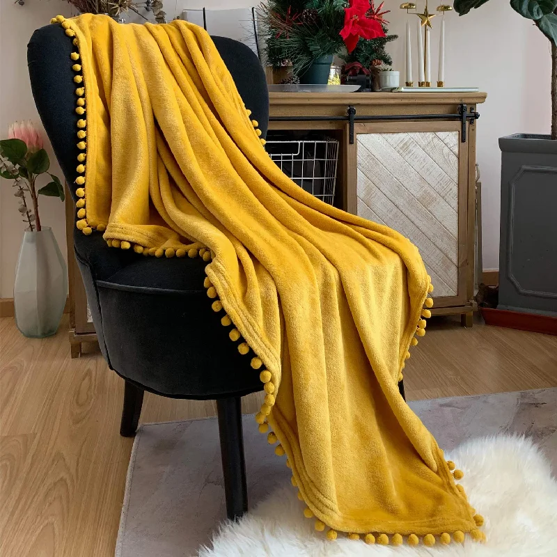 Flannel Blanket With Pompom Fringe Lightweight Cozy Bed Blanket Soft Throw Blanket Fit Couch Sofa Suitable For All Season(Mustard Yellow, 40''X 50'')