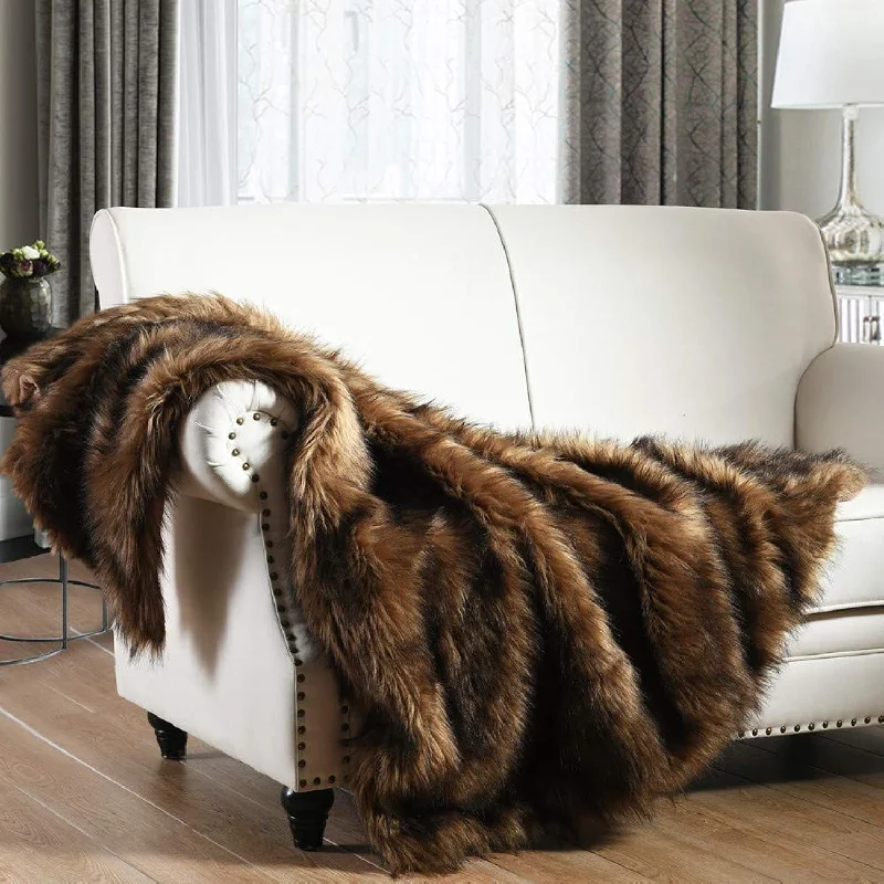 Luxury Plush Faux Fur Throw Blanket, Long Pile Brown With Black Tipped Blanket, Super Warm, Fuzzy, Elegant, Fluffy Decoration Blanket Scarf For Sofa, Armchair, Couch And Bed, 50''X 60''