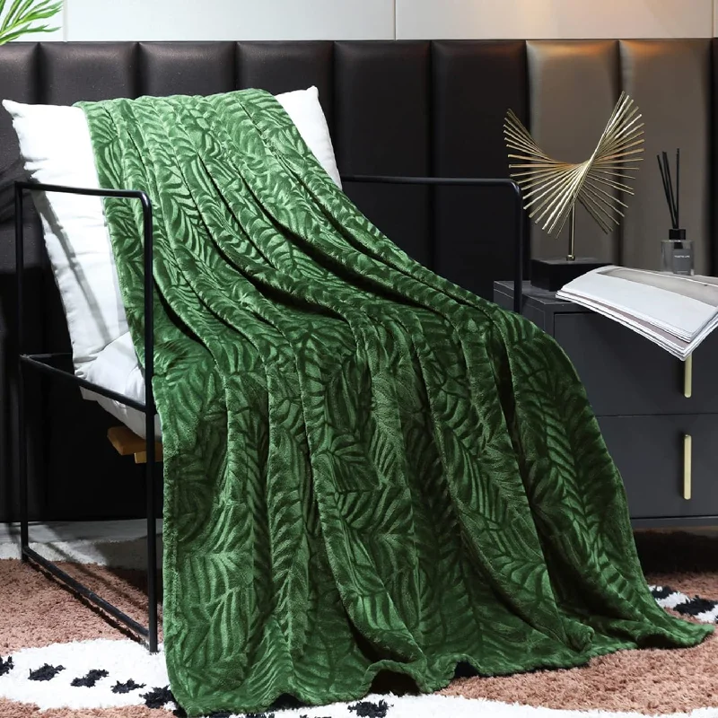 Super Soft Flannel Fleece Throw Blanket, Lightweight Cozy Warm Leaves Textured Plush Blanket For Bed Couch Sofa, 50 × 60 Inches, Olive Green