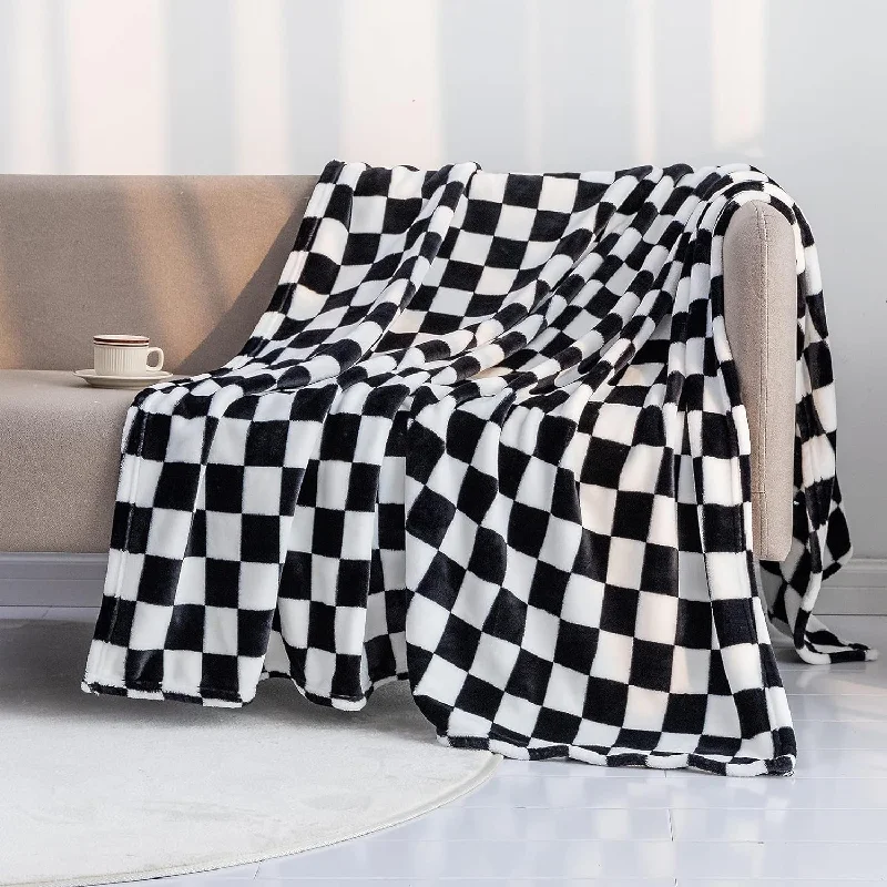 Throw Blankets Flannel Blanket With Checkerboard Grid Pattern Soft Throw Blanket For Couch, Bed, Sofa Luxurious Warm And Cozy For All Seasons (Black, 51"X63")