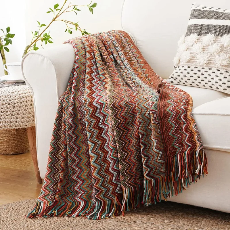 Boho Throw Blanket ,Rust Red Throw Blankets For Couch Bed Sofa ,Knitted Tassel