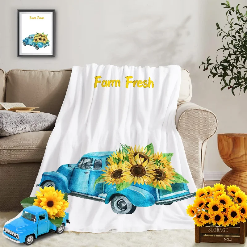 Sunflower Truck Throw Blanket, Farmhouse Pickup Blue Truck Blanket For Sofa Be