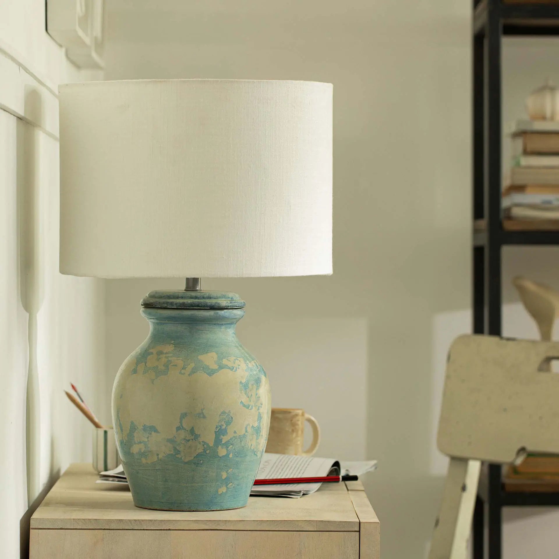 Vara Distressed Aqua Terracotta Table Lamp With Shade - White