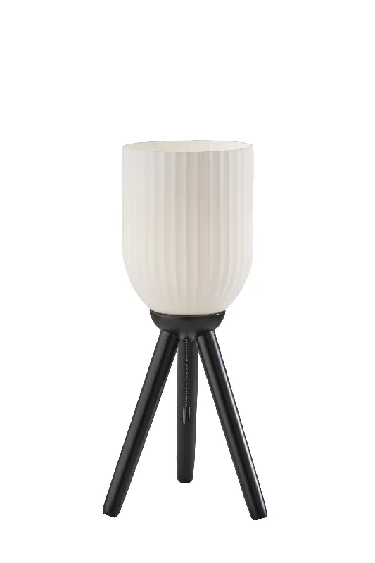 23" Black Solid Wood Tripod Table Lamp With White Ribbed Glass Shade