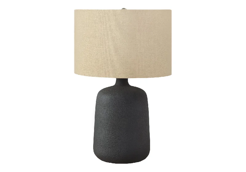 24" Black Ceramic Round Table Lamp With Beige Drum Shade