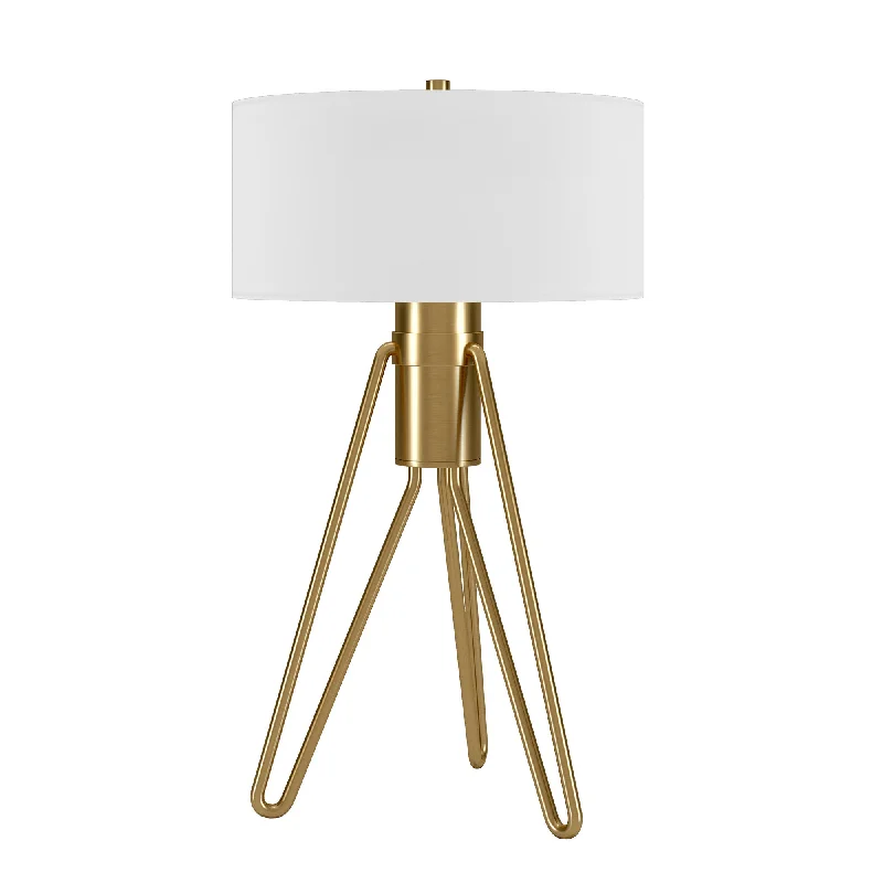 25" Brass Metal Two Light Tripod Table Lamp With White Drum Shade