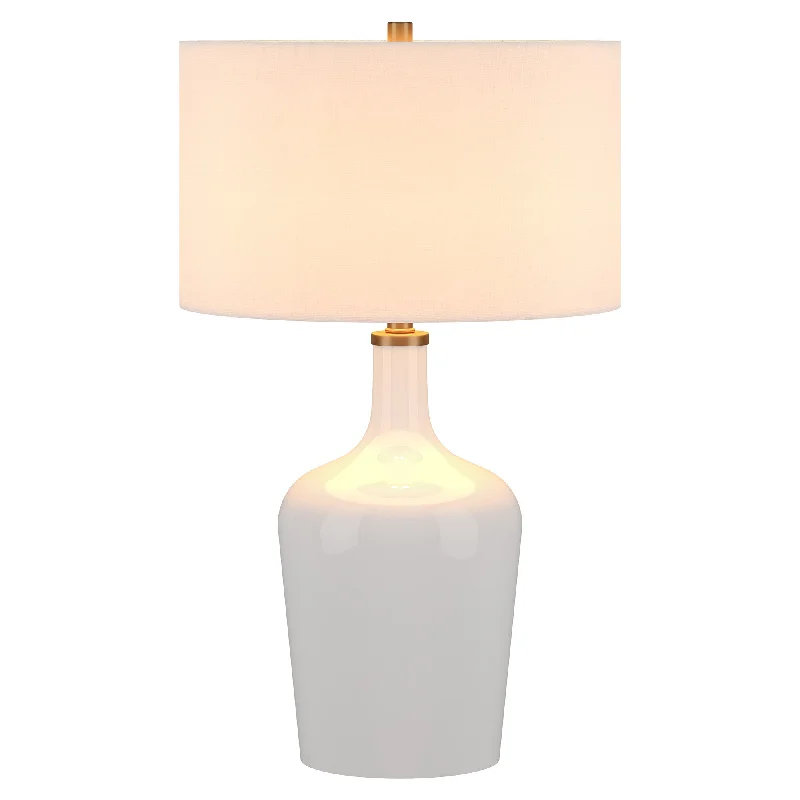 25" White Glass Urn Table Lamp With White Drum Shade