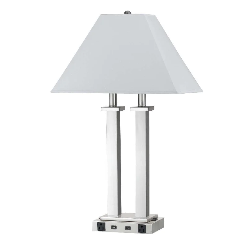 26" Nickel Metal Two Light Desk USB Table Lamp With White Novelty Shade