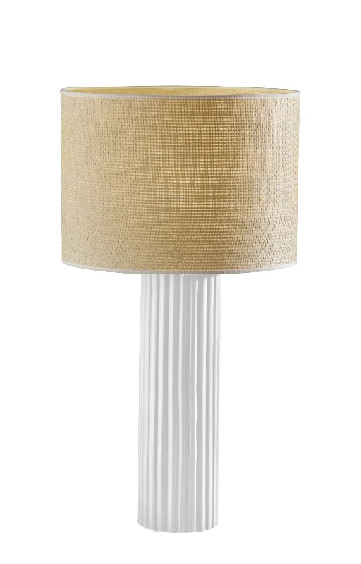 29" White Ceramic Cylinder Table Lamp With Beige Drum Shade