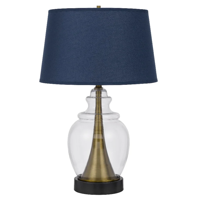 30" Antiqued Brass and Glass Table Lamp With Navy Blue Empire Shade