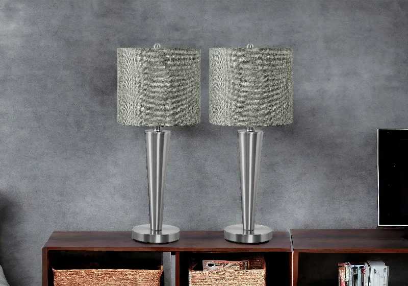 Set of Two 24" Silver Metal Candlestick USB Table Lamps With Gray Drum Shade