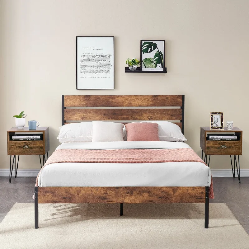 3-Pieces Bedroom Set with Rustic Brown Platform Bed Frame and Nightstands Set of 2