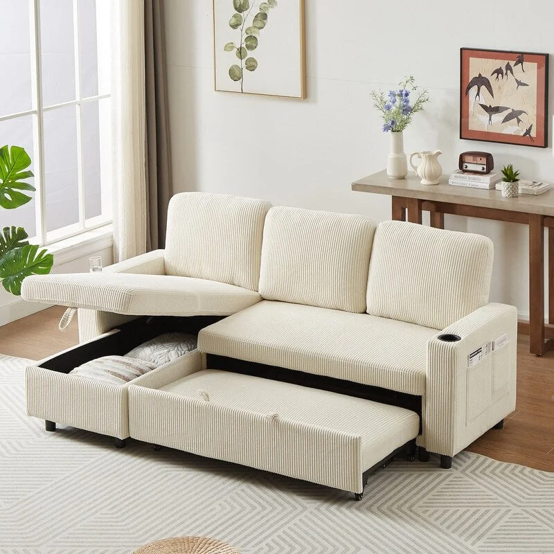 78.7" Comfortable Corduroy L-Shaped Combo Sofa Bed