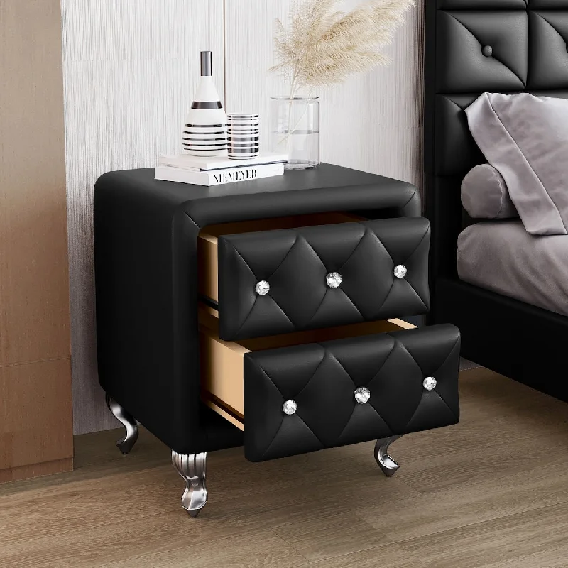 Bedroom Decorative Nightstand with Crystal Handles and Metal Legs, Storage Nightstand, Bedroom Side Table with 2 Drawers