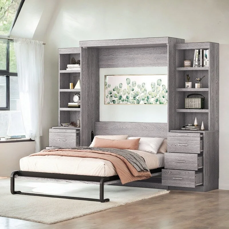 Bedroom Furniture Full Size Murphy Bed with Storage Shelves and Drawers, Gray