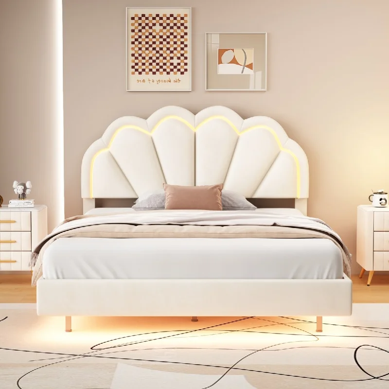 Beige Full Size Upholstered Platform Bed with LED Lighting