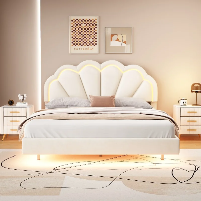 Beige Queen Size Platform Bed with Smart LED