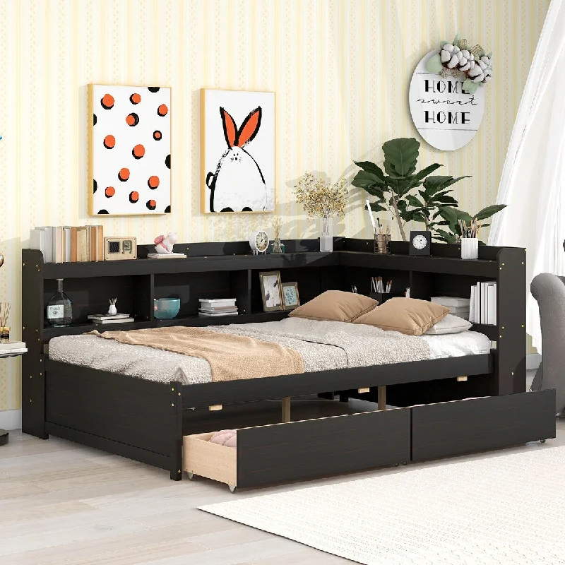 Black Full Size Bed with L-Shaped Bookcases, Storage Drawers, and Contemporary Design, Space-Optimizing, No Box Spring Needed