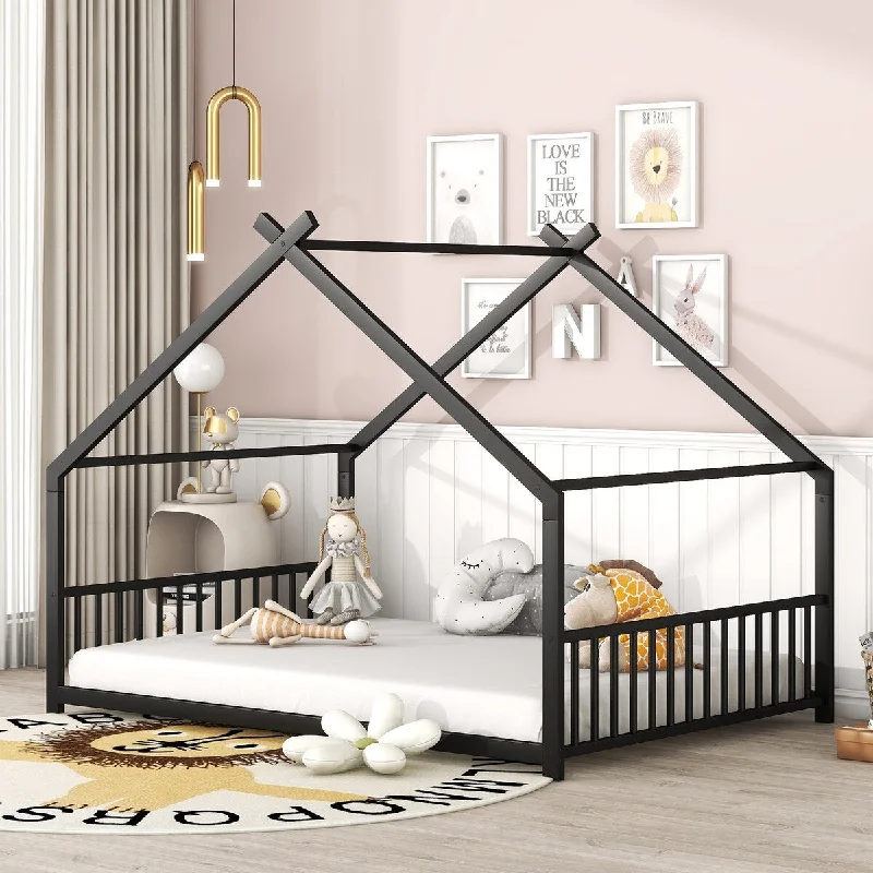 Black Full Size Metal House Bed for Kids, Ensures Safety with Guardrails