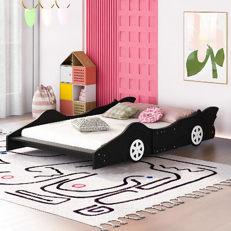 Black Full Size Plywood Platform Bed with Race Car Design