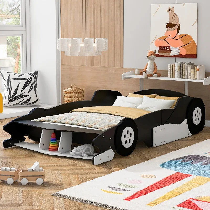 Black Full Size Solid Wood Race Car-Shaped Platform Bed with Headboard, Wheels and Storage Rack