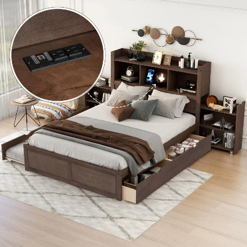 Black Full Size Storage Platform Bed with Pull Out Shelves, Trundle, 2 Drawers - Large Space