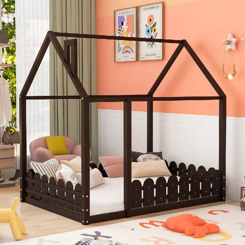 Black Full Size Wood House Bed Frame with Protective Fence