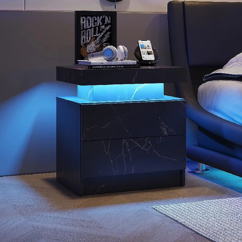 Black Nightstand LED Bedside Table,End Table with 2 Drawers Cabinet