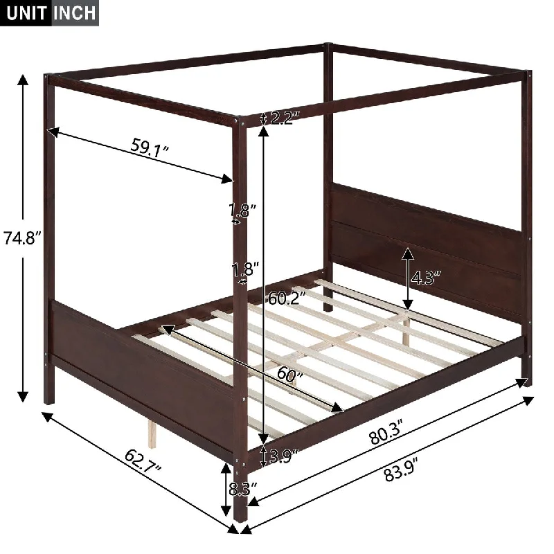 Black Queen SizeSolid Wood Canopy Platform Bed, Crafted for Elegant Bedroom Decor