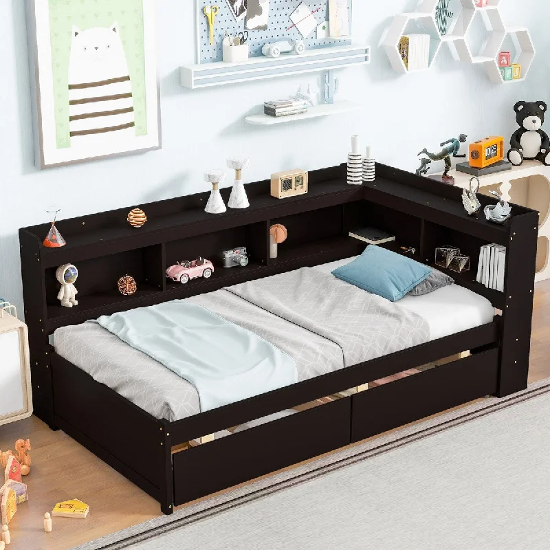 Black Twin Size Bed with L-Shaped Bookcases and Drawers - Pine Wood Construction, Space-Optimizing Design