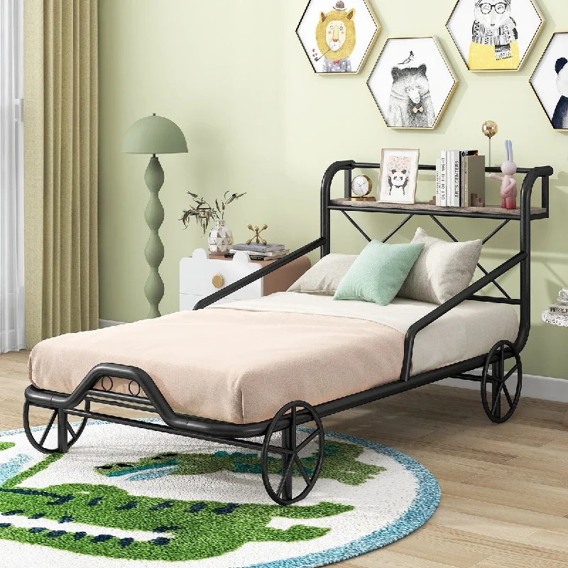 Black Twin Size Metal Car Bed with Wheels and Storage Shelf