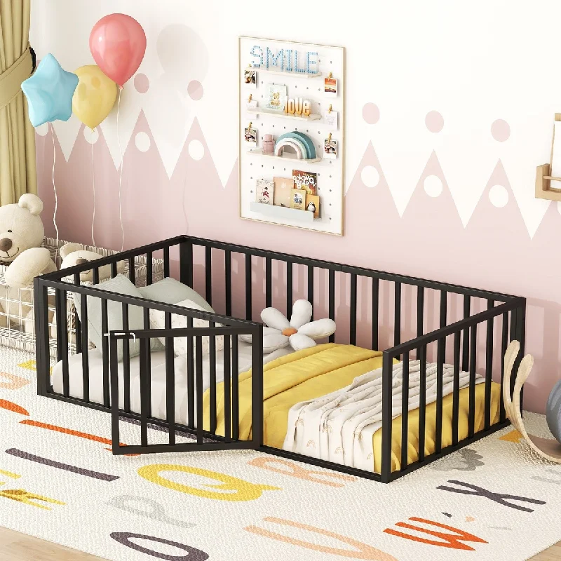 Black Twin Size Metal Floor Bed Frame with Fence and Door, Versatile Play Space, //Pink