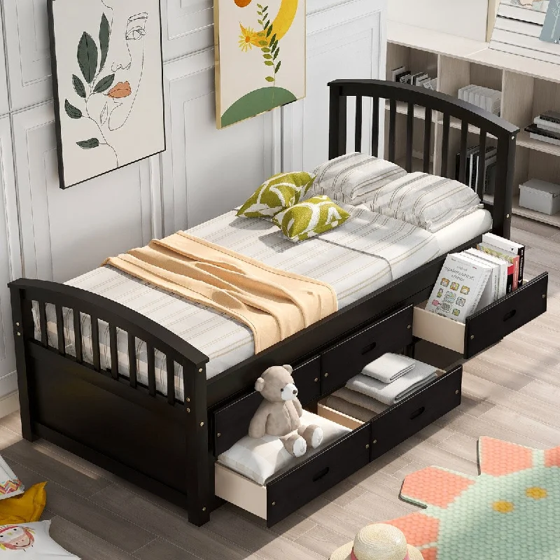 Black Twin Size Platform Storage Bed with 6 Drawers - Solid Pinewood Construction