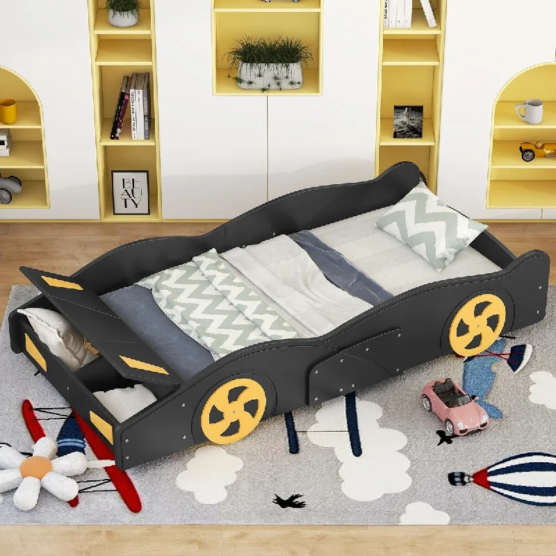 Black Twin Size Race Car-Shaped Platform Bed with Integrated Storage for Fun and Functionality