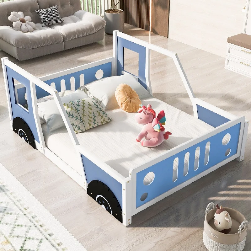 Blue Full Size Classic Car-Shaped Platform Bed with Wheels