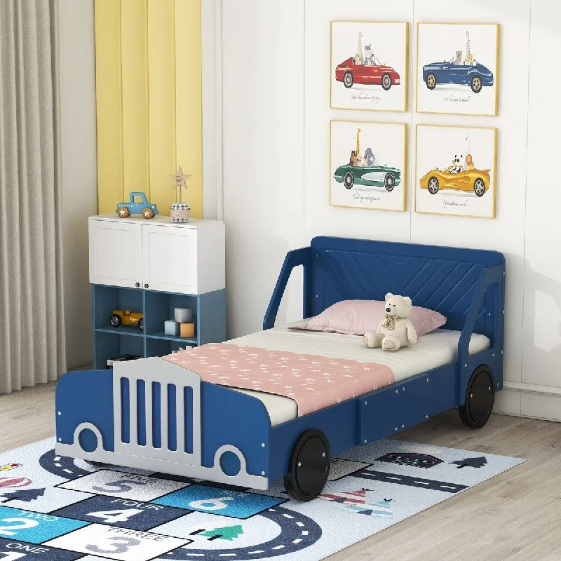 Blue Twin Size Car-Shaped Platform Bed with Rolling Wheels and Unique Headboard