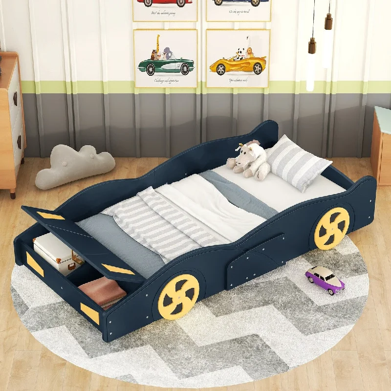 Blue Twin Size Race Car-Shaped Platform Bed with Storage