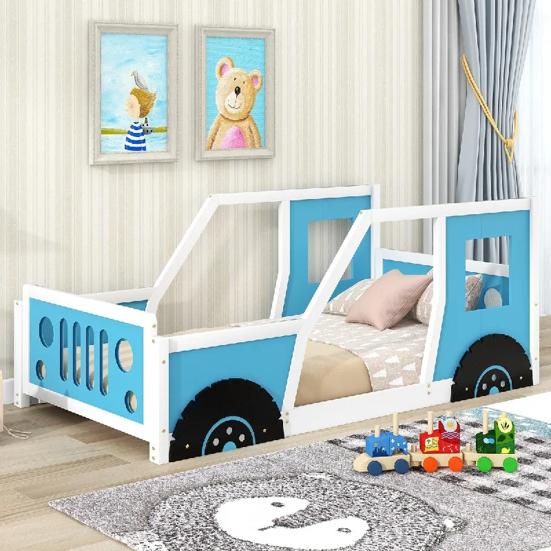 Blue Twin SizePine Classic Car-Shaped Platform Bed