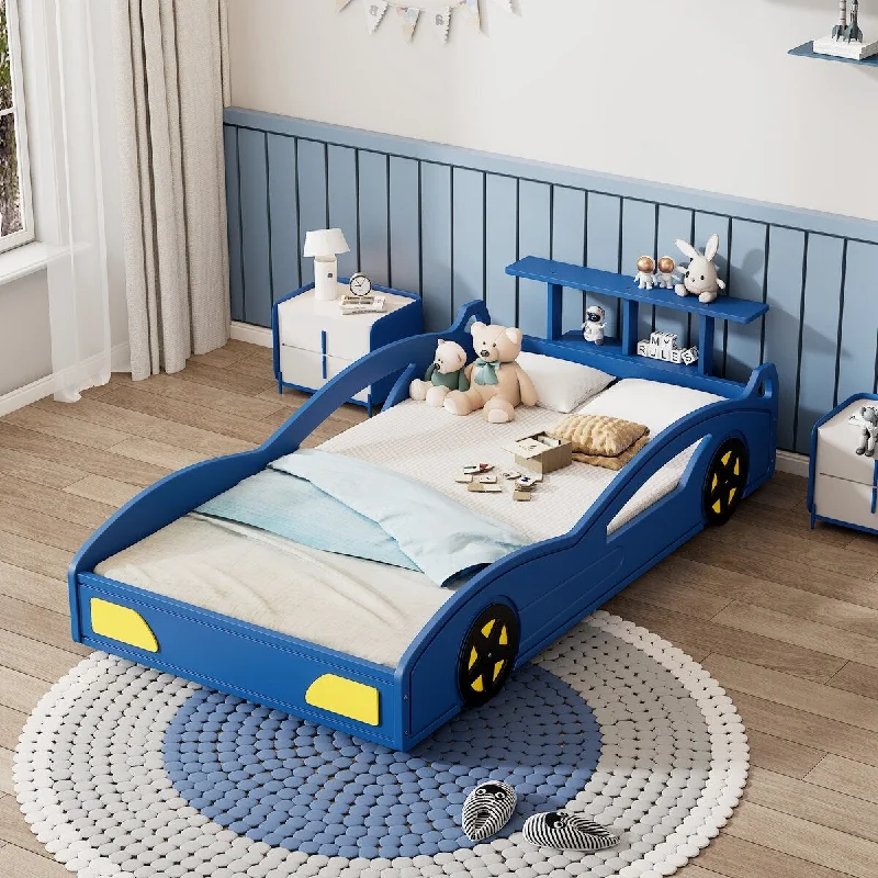 Blue Twin SizeVibrant Race Car Bed for Teens - Platform Bed with Storage Rack, Safety Rails, Easy Assembly