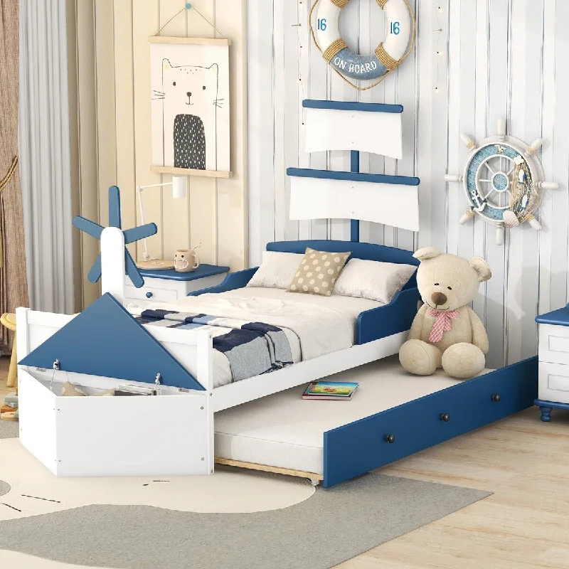 Blue Twin SizeWood Boat-Shaped Platform Bed with Trundle, Bed with Storage for Bedroom