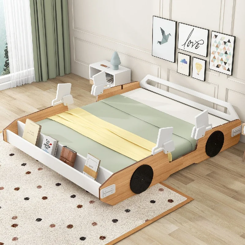 Brown Full Size Racing Car Bed with Lifelike Door Design & Storage Sturdy Wood Frame, Playful Design Magazine Holder