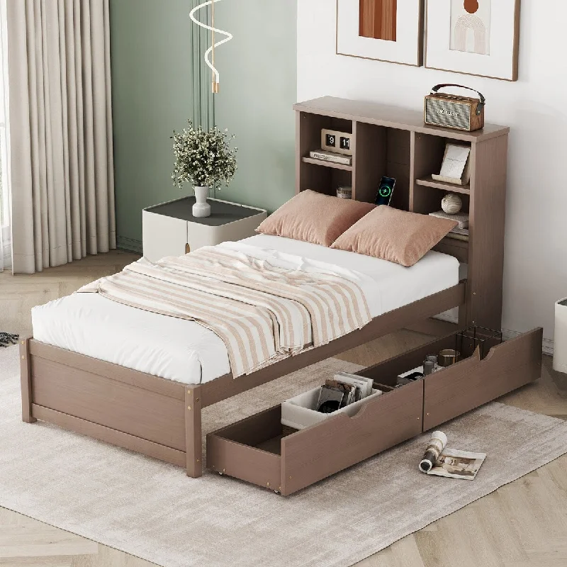 Brown Twin SizeModern Platform Bed with Integrated USB Port