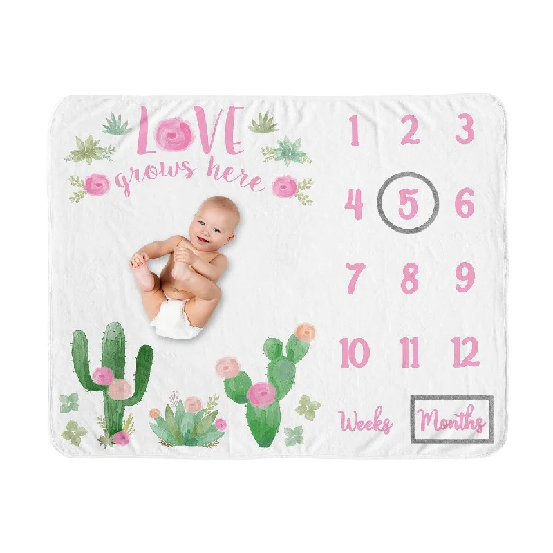 Cactus Floral Collection Girl Baby Monthly Milestone Blanket - Pink and Green Boho Watercolor Desert Love Grows Here