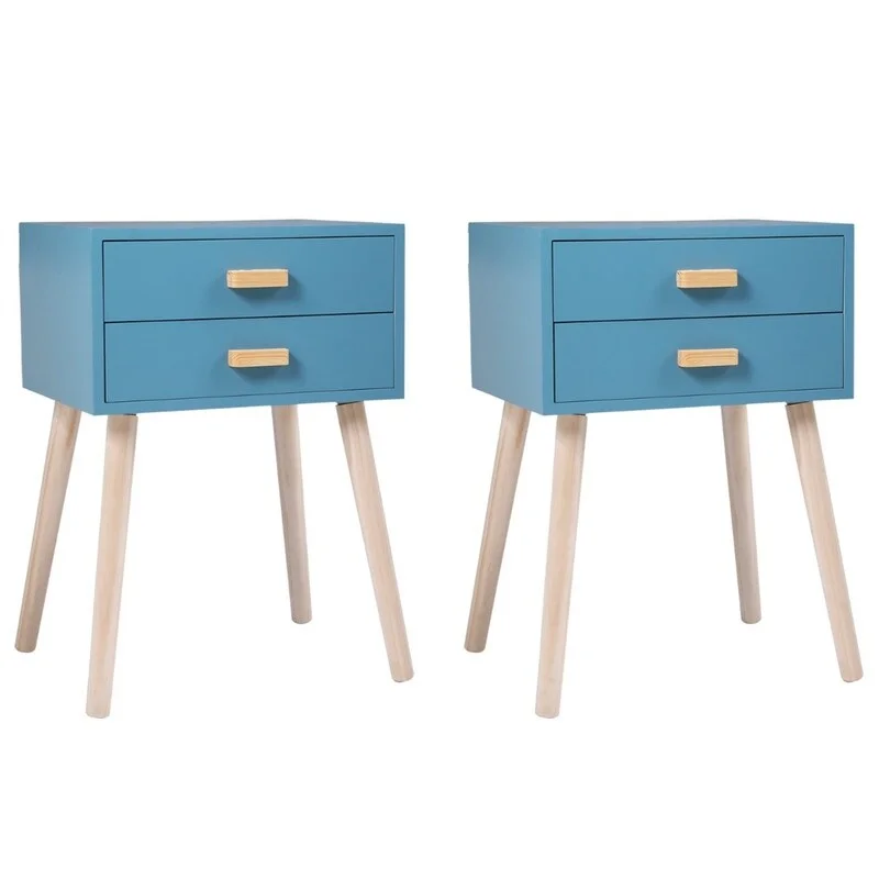 Double Drawer Wooden Handle Nightstand,2 Pieces Bedside Table,Blue