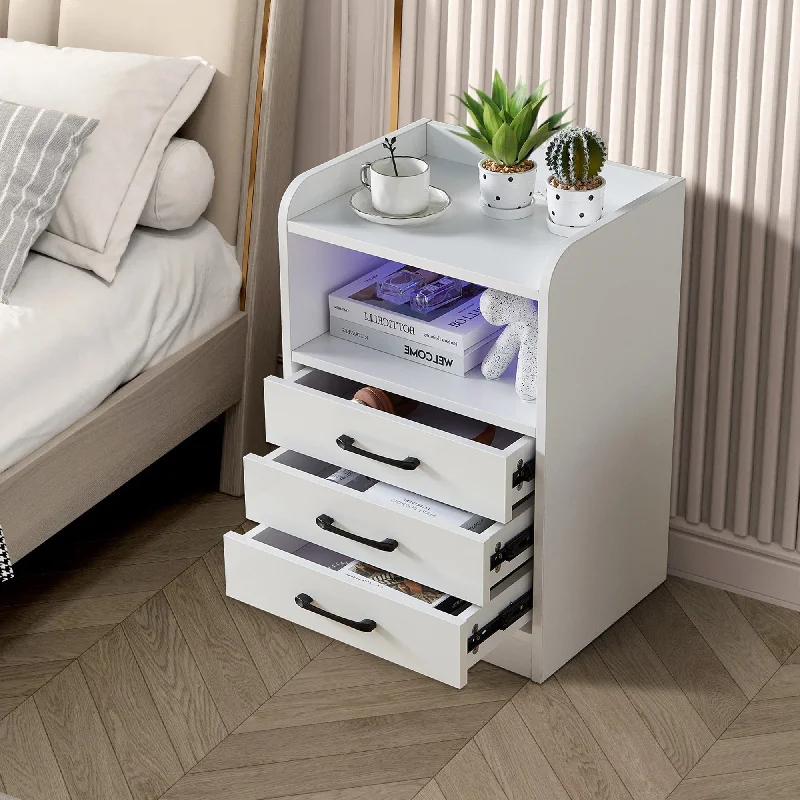 Exquisite Cabinet Decorative Cabinet with Open Compartments and 3 Drawers, Bedroom Bedside Table Dressing Table with LED